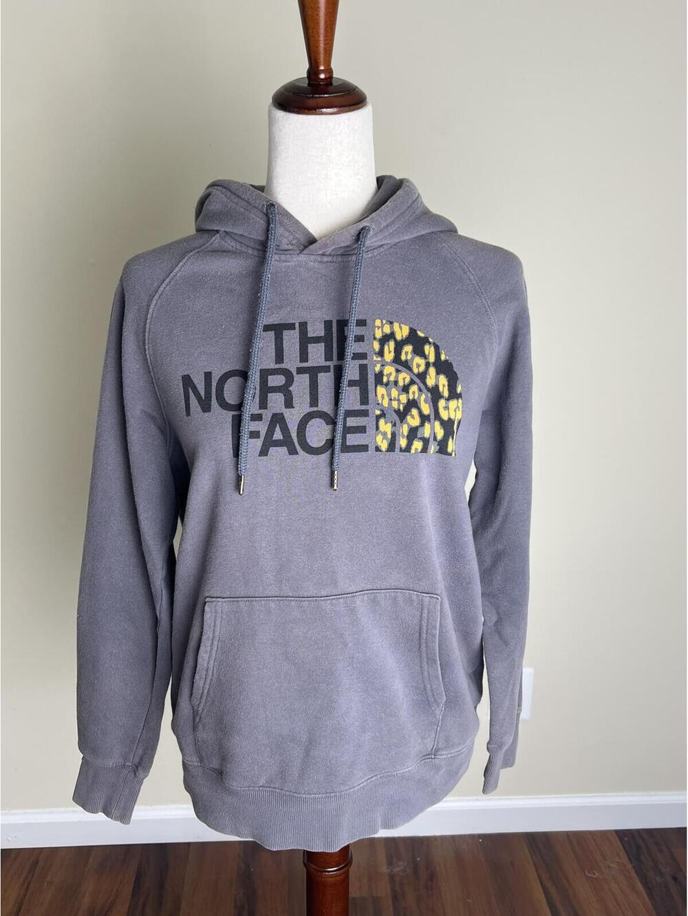 The North Face Gray Hoodie Womens Small Leopard Logo Sweatshirt Pullover